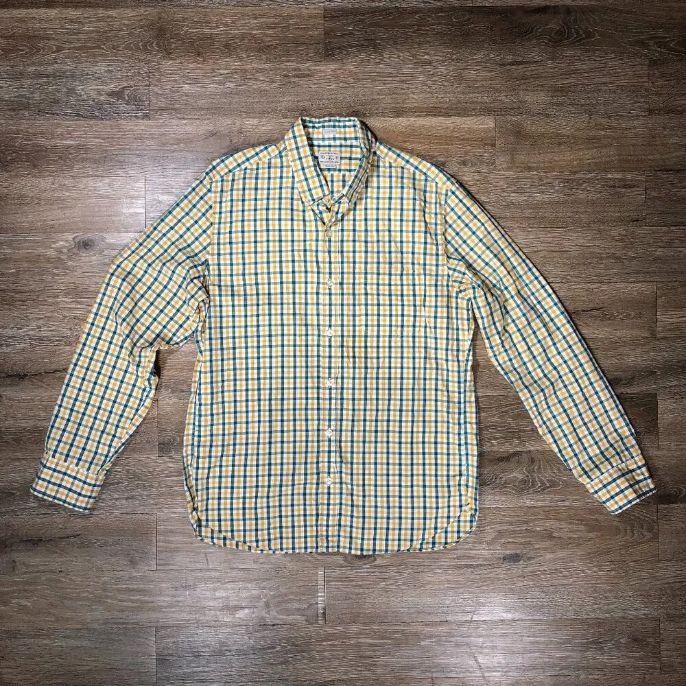 Tailored By J. Crew Men's Large White Green Yellow Plaid Button Down Shirt